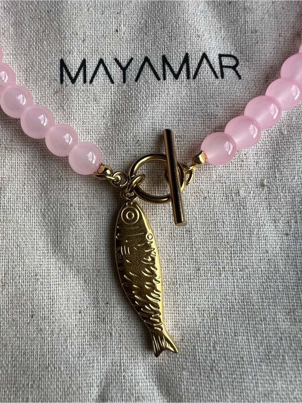 MAYAMAR Pink Glass Beaded Necklace with Gold Fish Pendant NWOT - Picture 3 of 7